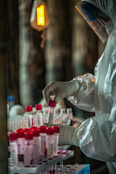 A veterinarian in a protective suit takes tests on animals on a farm. Selective focus. animal.