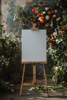A wooden easel with a white canvas sits in front of a window, surrounded by colorful flowers and shrubs outside a house, creating a picturesque scene