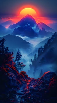 A natural landscape painting capturing the afterglow of a sunset over a mountain range with trees in the foreground, against a colorful sky filled with clouds and a red sky at morning