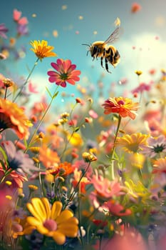 bee on flowers in the garden. Selective focus. nature.