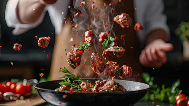 The cook is preparing a splash of food in the kitchen. Selective focus. food.