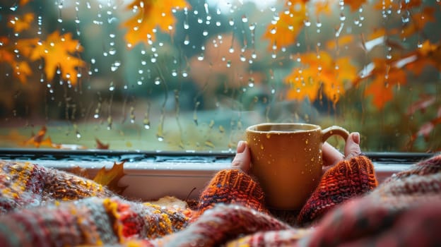 A cup of tea against the background of a wet autumn window. Selective focus. drinks.