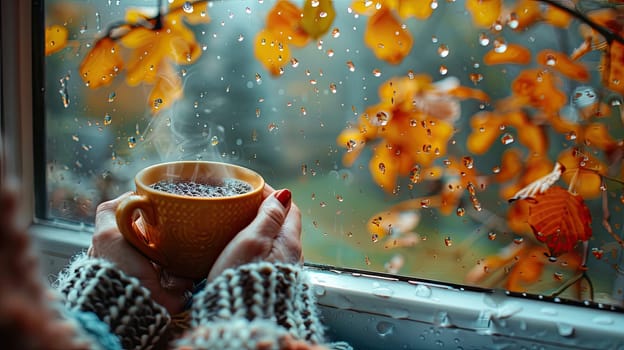 A cup of tea against the background of a wet autumn window. Selective focus. drinks.