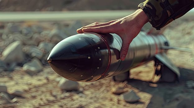 A man's hand holds a rocket. Selective focus. Nature.