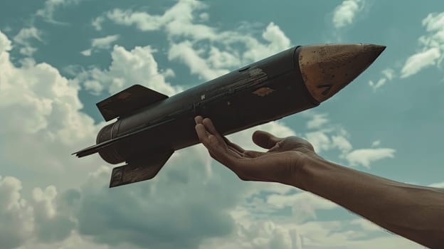 A man's hand holds a rocket. Selective focus. Nature.