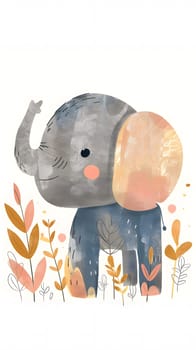 An illustration of a baby elephant standing in a field of flowers, surrounded by a circle of vibrant colors. The visual arts depiction is a cute and playful toy, inspired by a fictional character