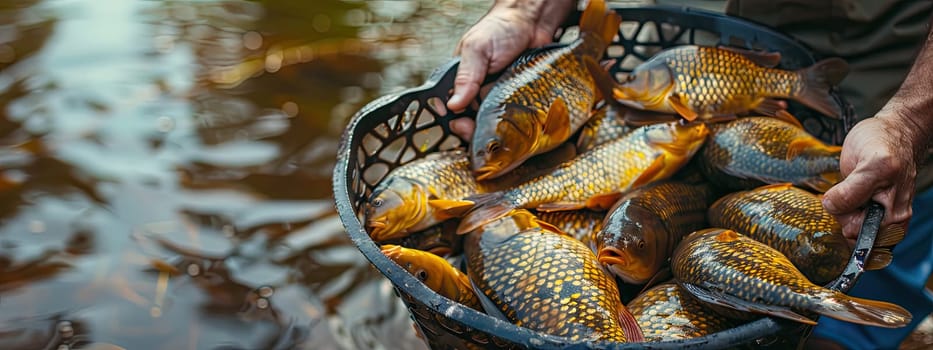 The fisherman holds a fish in his hands. Selective focus. nature.