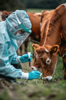 A veterinarian in a protective suit takes tests on animals on a farm. Selective focus. animal.