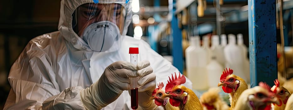 A veterinarian in a protective suit takes tests on animals on a farm. Selective focus. animal.