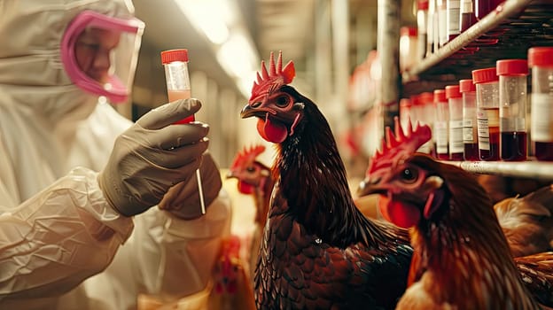 A veterinarian in a protective suit takes tests on animals on a farm. Selective focus. animal.