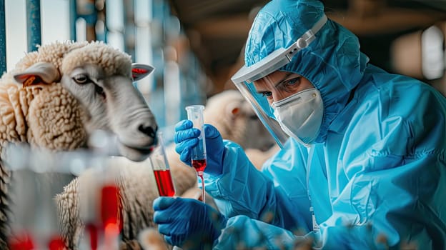 A veterinarian in a protective suit takes tests on animals on a farm. Selective focus. animal.