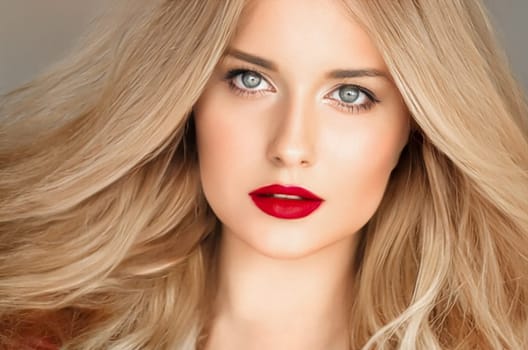 Beauty, makeup and hairstyle, face portrait of beautiful woman, red lipstick make-up and hair styling for skincare cosmetics, hair care, glamour style and fashion look idea