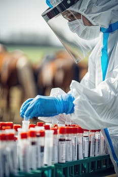 A veterinarian in a protective suit takes tests on animals on a farm. Selective focus. animal.