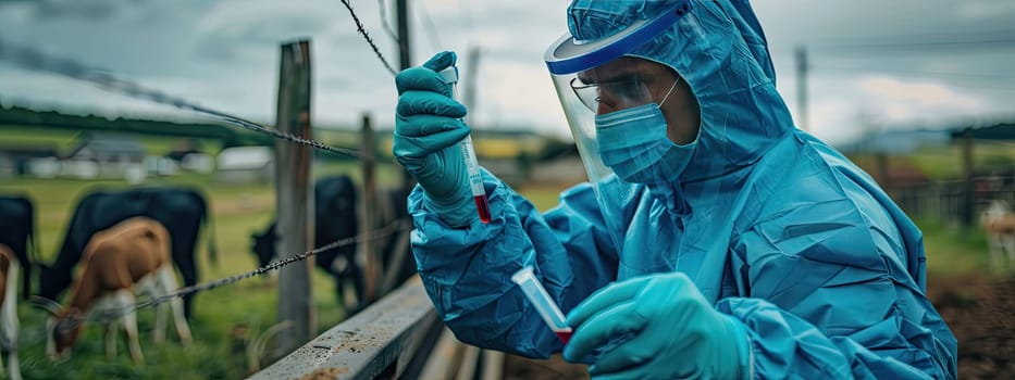 A veterinarian in a protective suit takes tests on animals on a farm. Selective focus. animal.