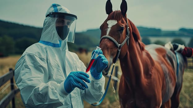 A veterinarian in a protective suit takes tests on animals on a farm. Selective focus. animal.