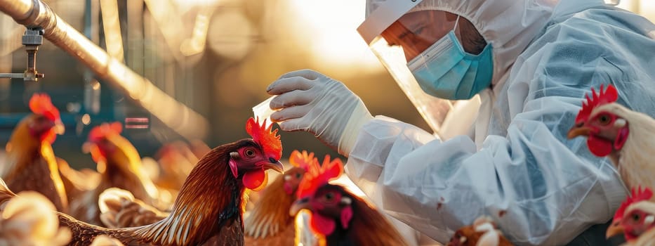 A veterinarian in a protective suit takes tests on animals on a farm. Selective focus. animal.