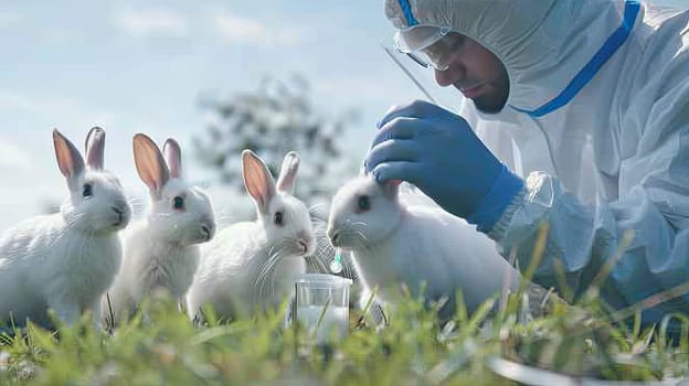 A veterinarian in a protective suit takes tests on animals on a farm. Selective focus. animal.