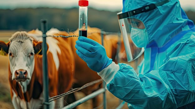 A veterinarian in a protective suit takes tests on animals on a farm. Selective focus. animal.