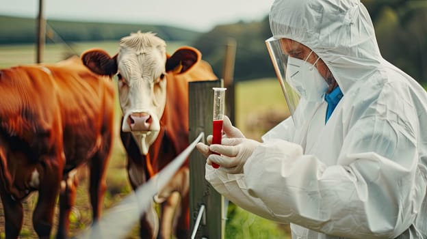 A veterinarian in a protective suit takes tests on animals on a farm. Selective focus. animal.