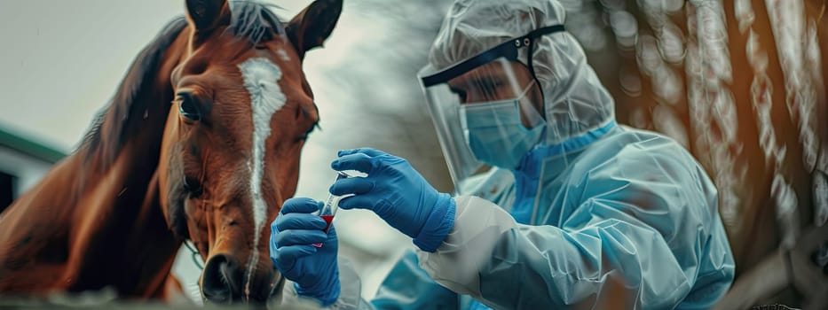 A veterinarian in a protective suit takes tests on animals on a farm. Selective focus. animal.