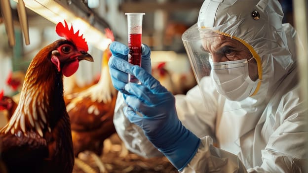 A veterinarian in a protective suit takes tests on animals on a farm. Selective focus. animal.