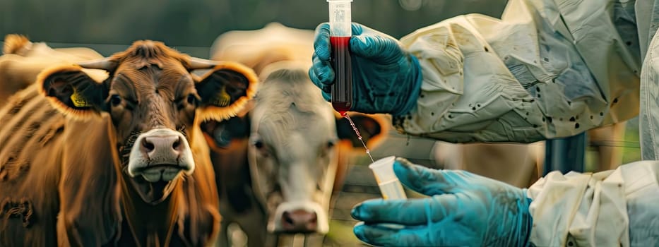 A veterinarian in a protective suit takes tests on animals on a farm. Selective focus. animal.