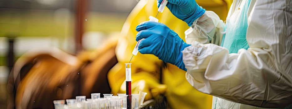 A veterinarian in a protective suit takes tests on animals on a farm. Selective focus. animal.