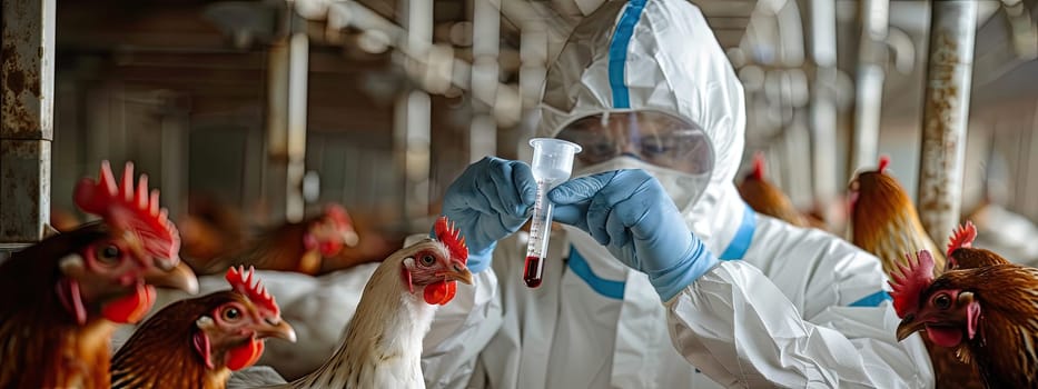 A veterinarian in a protective suit takes tests on animals on a farm. Selective focus. animal.