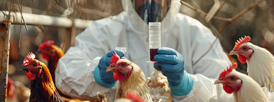 A veterinarian in a protective suit takes tests on animals on a farm. Selective focus. animal.