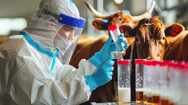 A veterinarian in a protective suit takes tests on animals on a farm. Selective focus. animal.