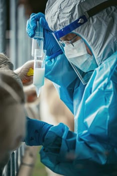 A veterinarian in a protective suit takes tests on animals on a farm. Selective focus. animal.