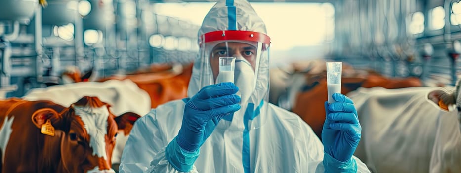 A veterinarian in a protective suit takes tests on animals on a farm. Selective focus. animal.