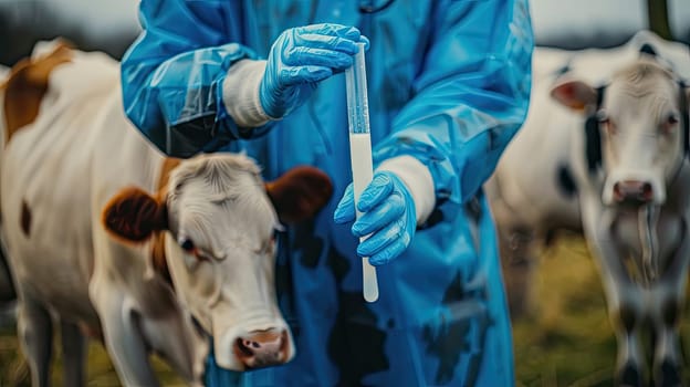 A veterinarian in a protective suit takes tests on animals on a farm. Selective focus. animal.