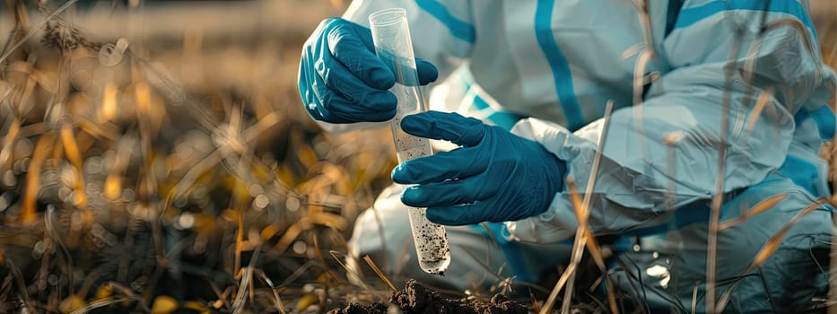 A man in a protective suit takes soil samples. Selective focus. Nature.