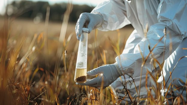 A man in a protective suit takes soil samples. Selective focus. Nature.