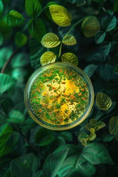 Petri dish with bacteria on a background of green leaves. Selective focus. Nature.