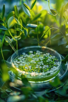 Petri dish with bacteria on a background of green leaves. Selective focus. Nature.