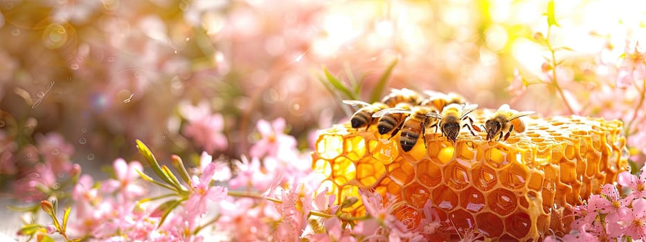 Honey with honeycombs and flowers. Selective focus. Nature.