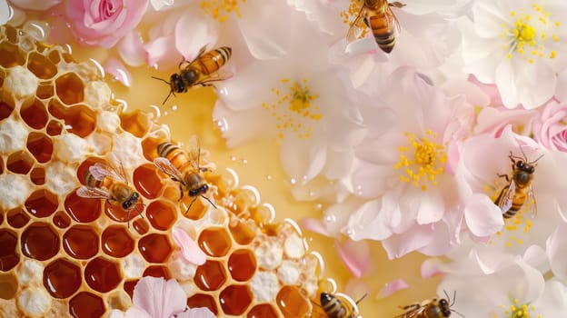 Honey with honeycombs and flowers. Selective focus. Nature.