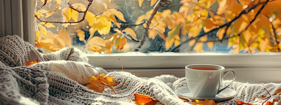 A cup of tea against the background of a wet autumn window. Selective focus. drinks.