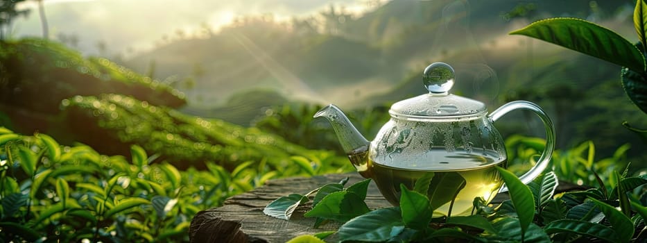 Green tea on a tea plantation. Selective focus. Drink.