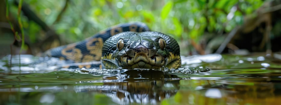 Anaconda in the water in the jungle. Selective focus. Nature.