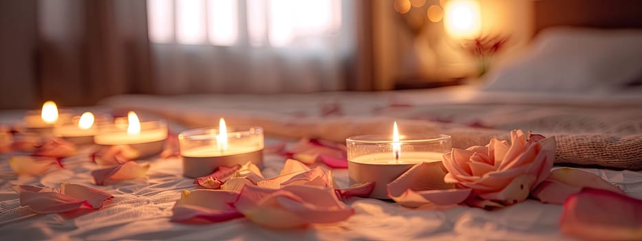 Bed of candles and rose petals. Selective focus. Home.