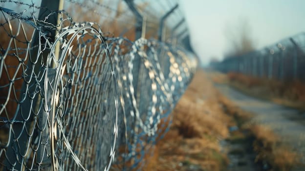 Mesh fence with barbed wire. Selective focus. Nature.