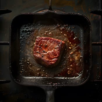A piece of meat sizzles in a frying pan on a gas stove, part of the cooking process in preparing a delicious meal. Kitchen appliance at work