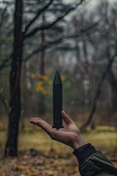 A man's hand holds a rocket. Selective focus. Nature.