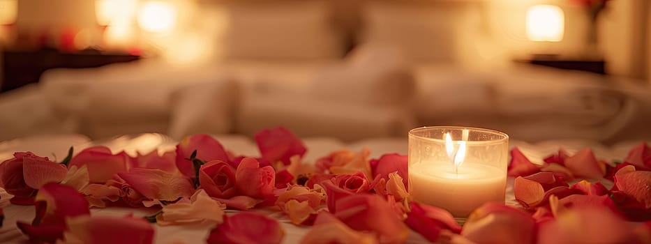 Bed of candles and rose petals. Selective focus. Home.