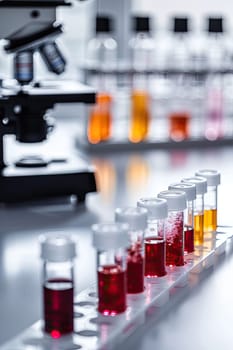 Test tubes on the background of a microscope in the laboratory. Selective focus. Medicine.