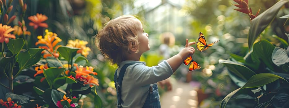 child in a greenhouse with butterflies. Selective focus. nature.