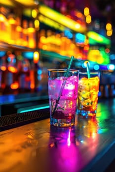 cocktail in the neon light of the bar. Selective focus. drinks.